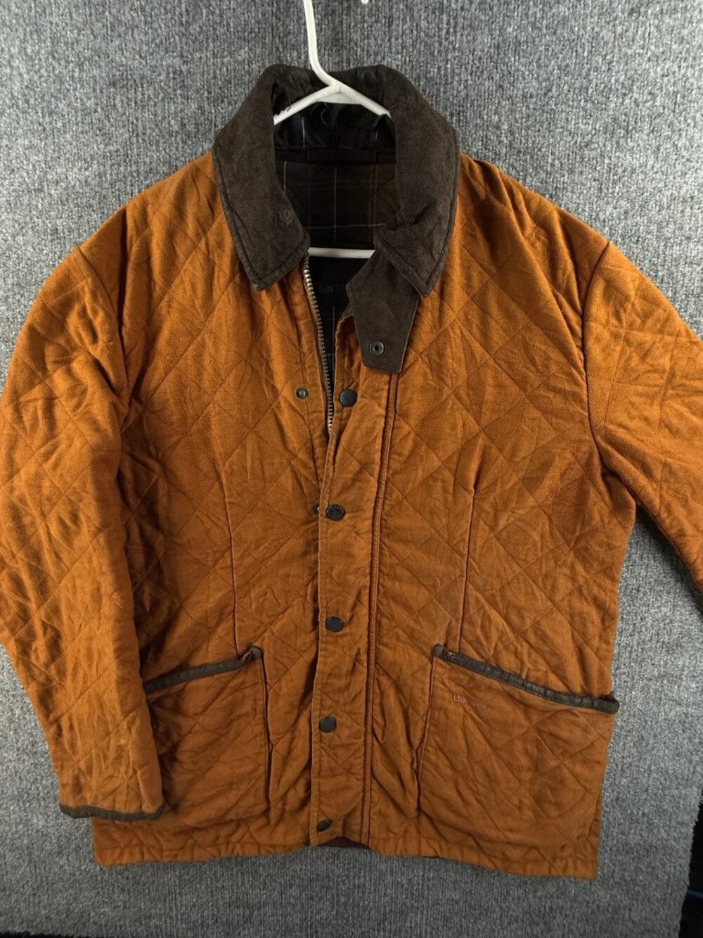 Barbour Quilted Jacket in Burnt Orange with Dark Brown Collar